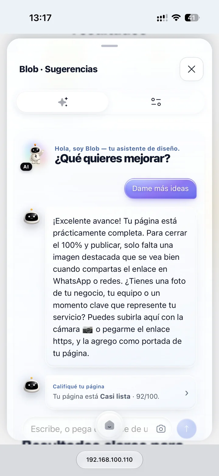 Blob sugiere en el chat la imagen para compartir y cómo subirla para cerrar el 100%.