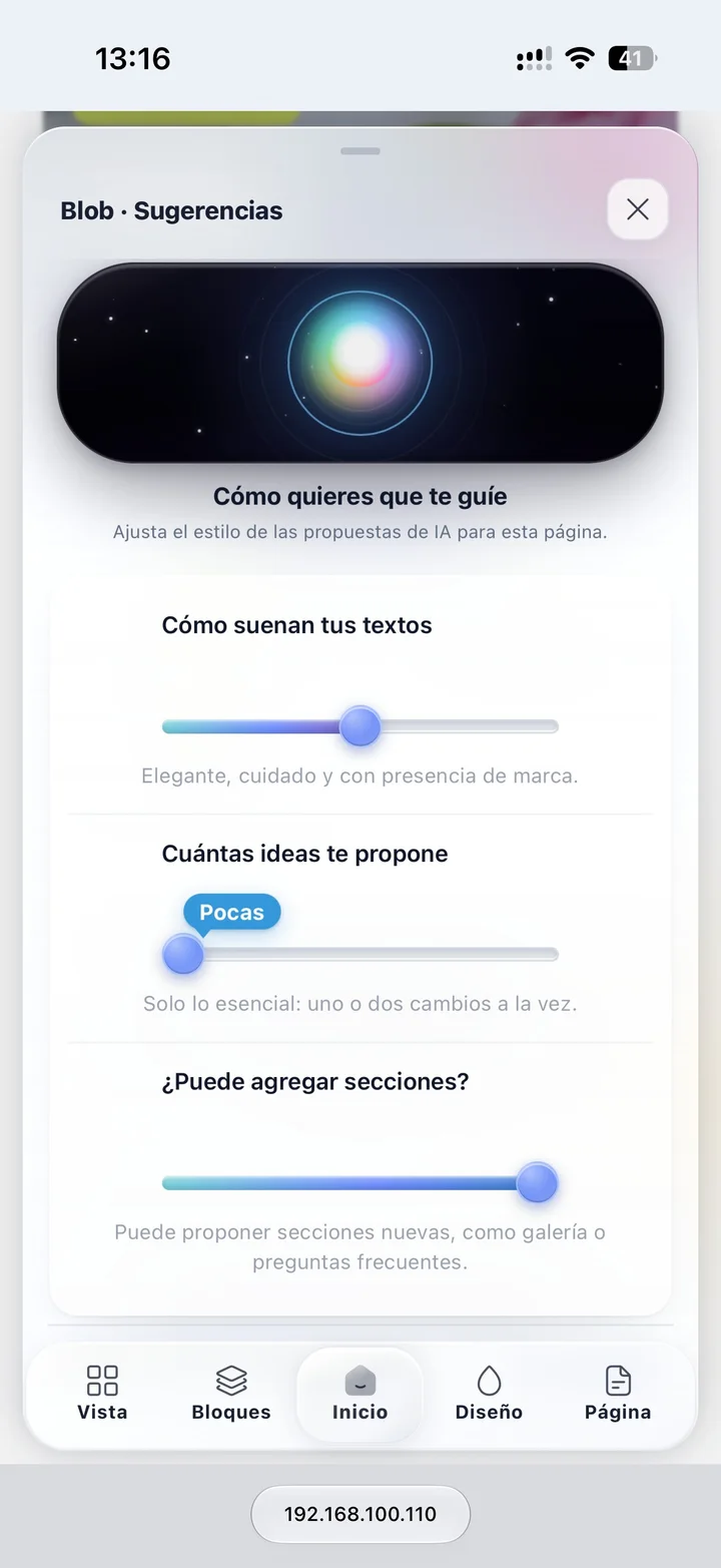 Ajustes de guía de Blob: tono de textos, cantidad de ideas y permiso para crear secciones.