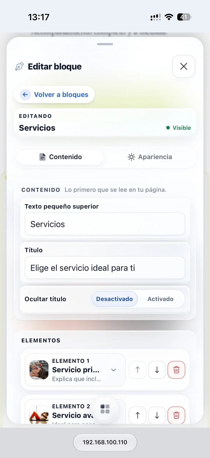 Editor del bloque Servicios con campos de contenido y elementos reordenables.