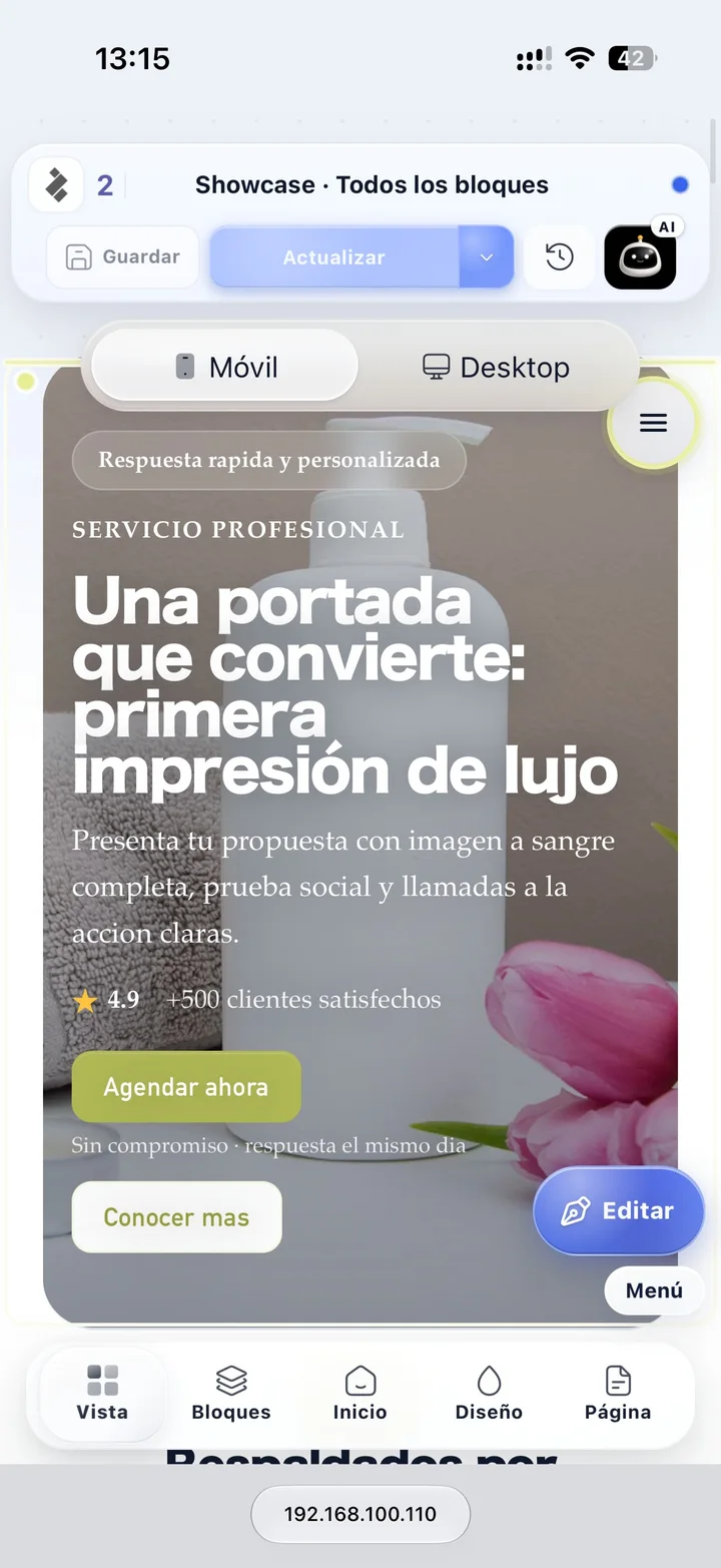 Editor móvil con vista previa de la portada y acciones de guardar y actualizar.