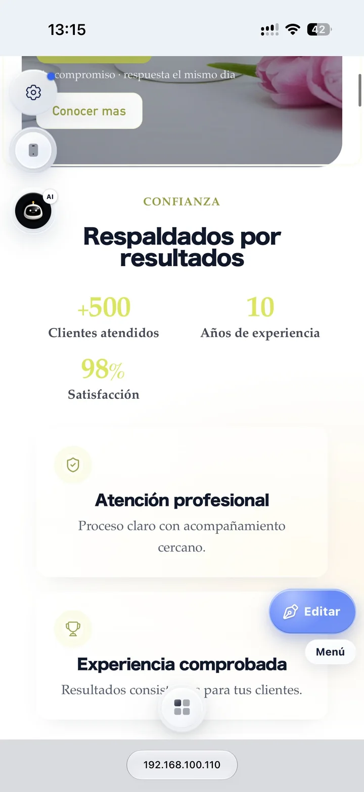 Sección de confianza con métricas dentro del preview y controles flotantes del builder.