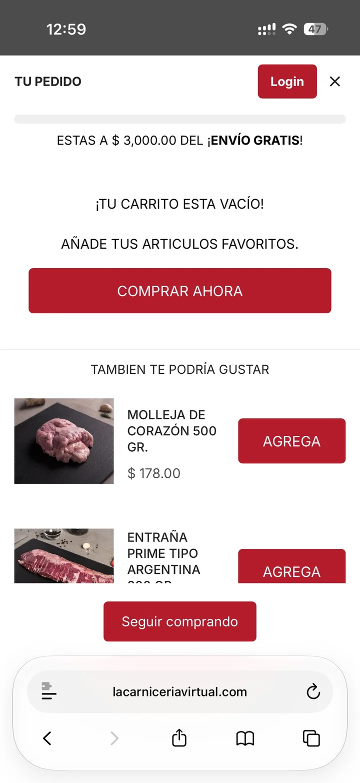Carrito con barra de progreso a envío gratis y recomendados para agregar.