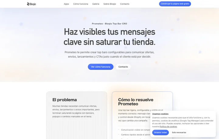 Página pública desktop de Prometeo con propuesta Top Bar CRO para Shopify.