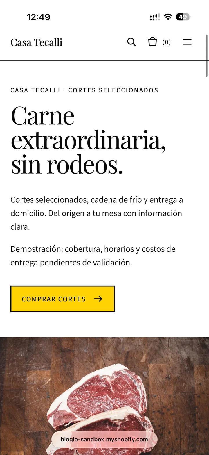 Home editorial con Carne extraordinaria, sin rodeos, y CTA de compra.