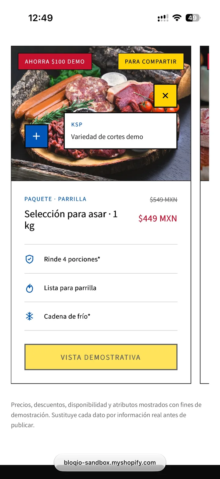 Tarjeta de producto con hotspots de oferta, KSP y agregado rápido.