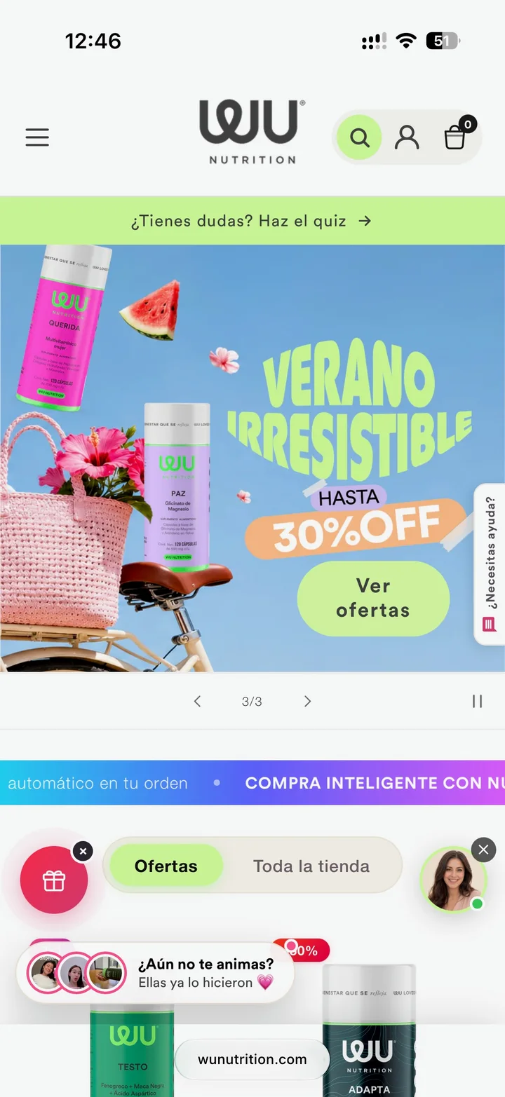 Home móvil con la campaña Verano Irresistible, banner de quiz y acceso a Daniela.