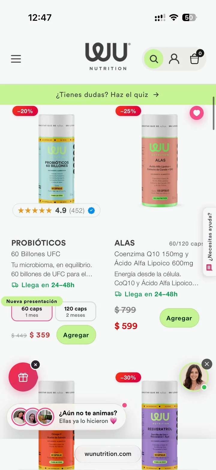 Grilla de productos con descuentos, reseñas verificadas, variantes 60/120 caps y entrega 24–48h.