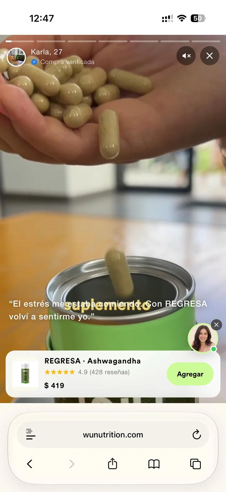 Historia UGC con compra verificada y tarjeta de producto para agregar sin salir del video.