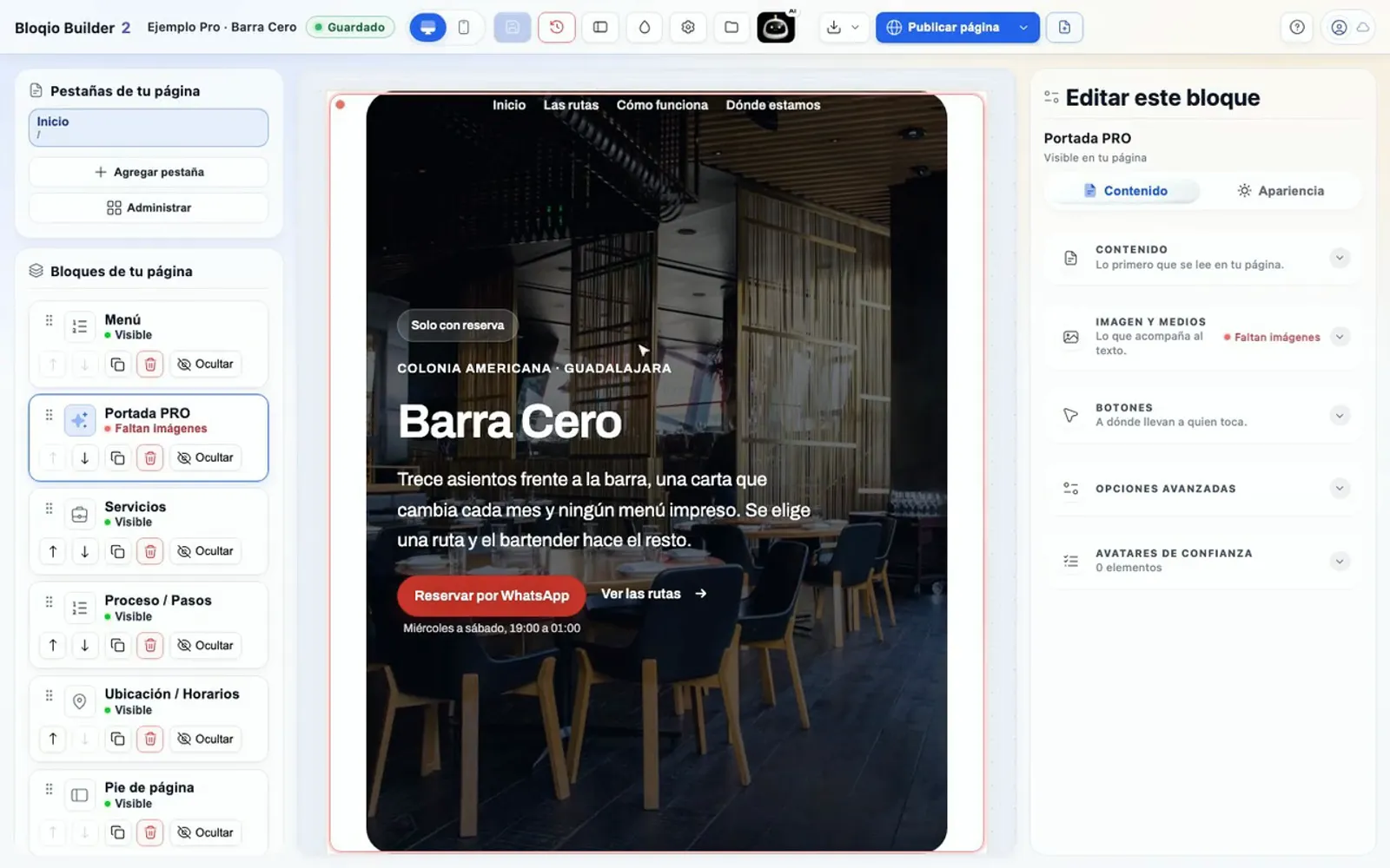 Captura real de Bloqio Builder